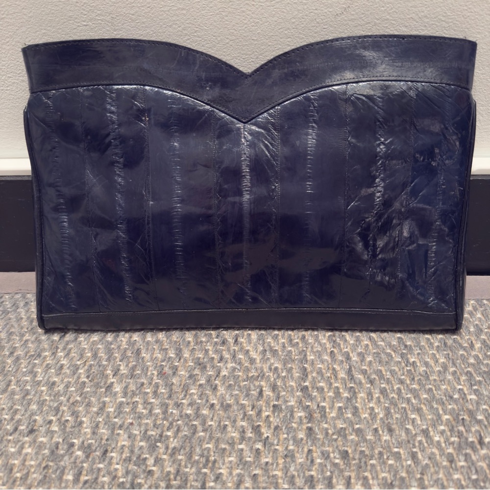 Vintage Korean Genuine Eel Skin Navy Blue Clutch / Bag - Picture 2 of 10